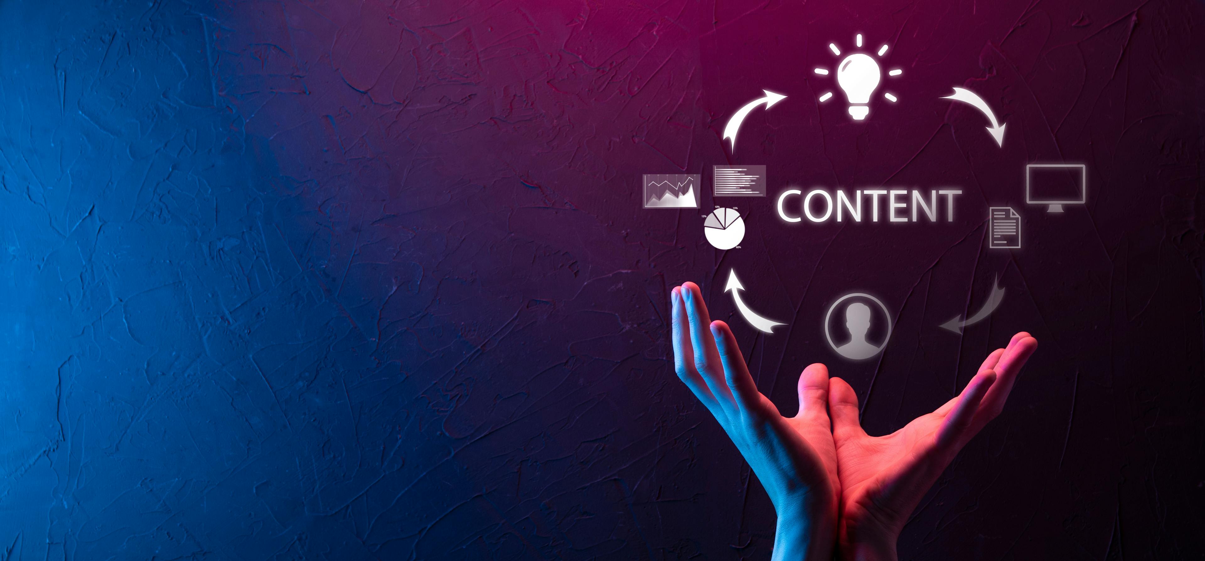 An illustration of a cycle of content creation above a pair of hands.