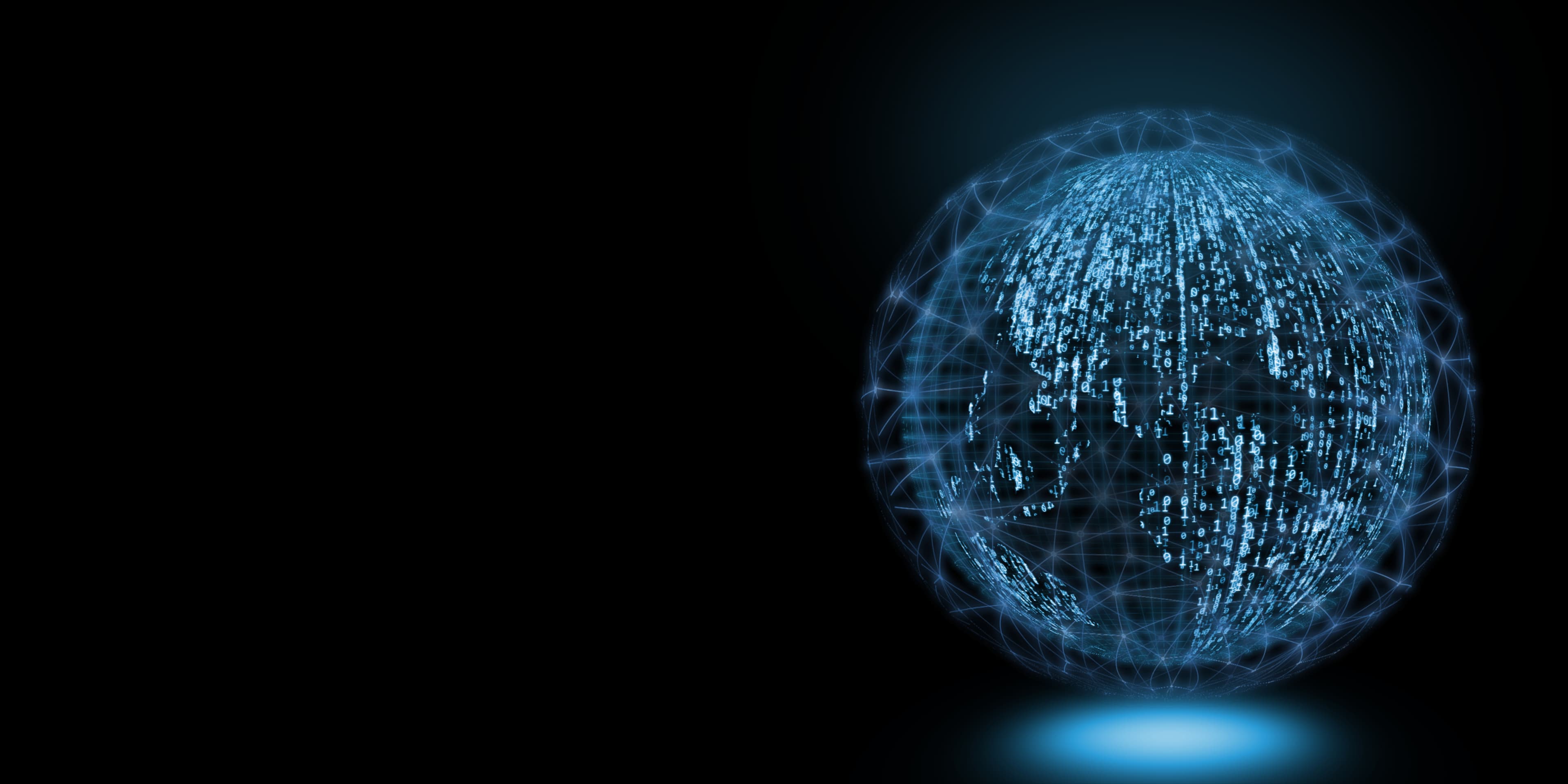 An illustration of a futuristic planet made of code on a dark background.