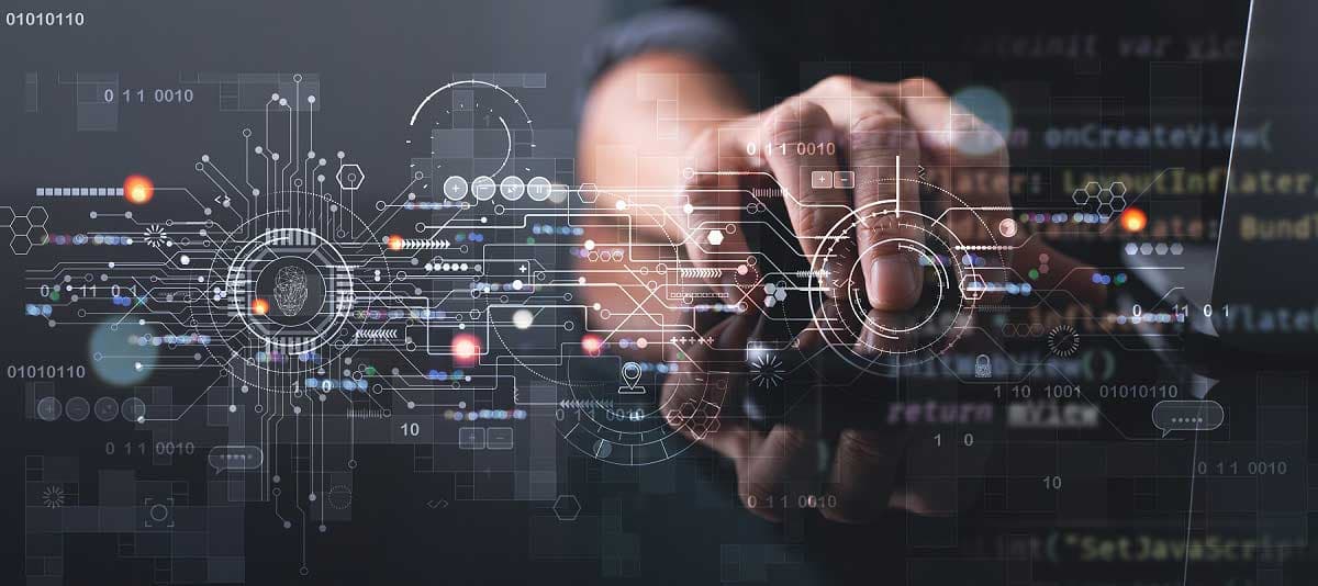 A futuristic image with wires and technological diagrams overlaid on a pair of hands.