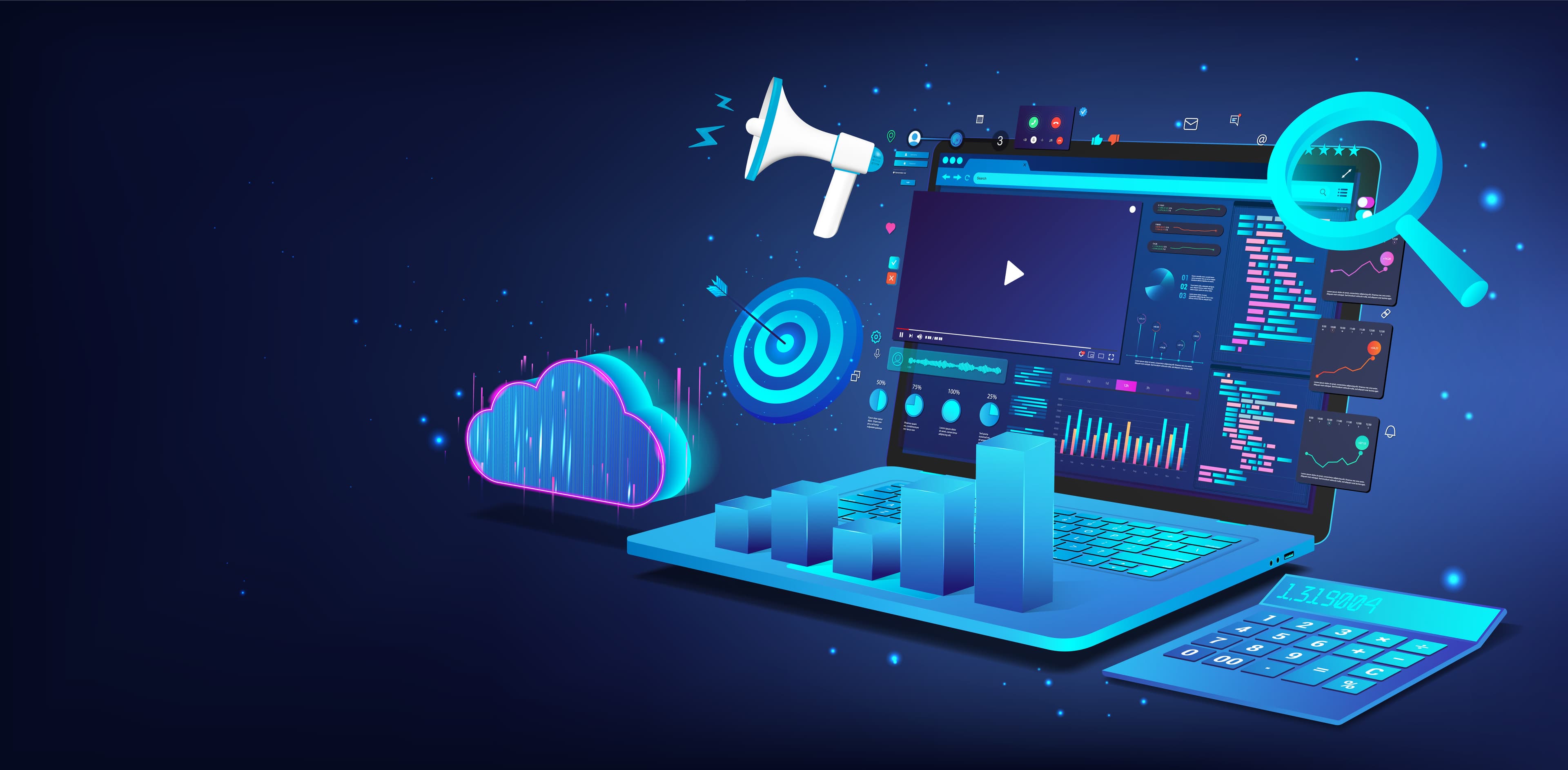 An illustration of a computer displaying web dashboards, a search icon, a speaker icon, and other website features.